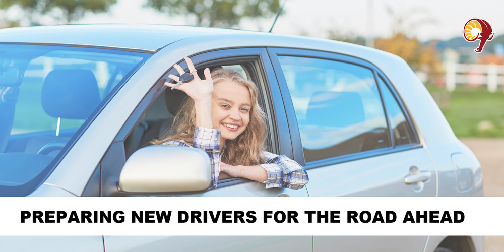 Teenager in a car holding up keys and with text "PREPARING NEW DRIVERS FOR THE ROAD AHEAD"