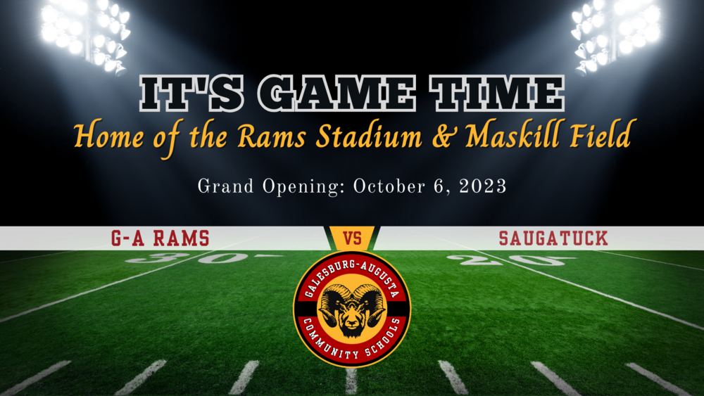 It's Game Time Home of the Ram Stadium and Maskill Field. Text on a football field under lights