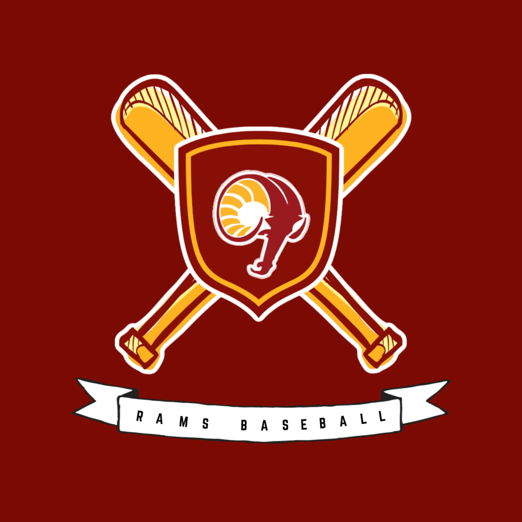 A maroon and gold rams logo over two maroon and gold crossed baseball bats with the words "RAMS BASEBALL"