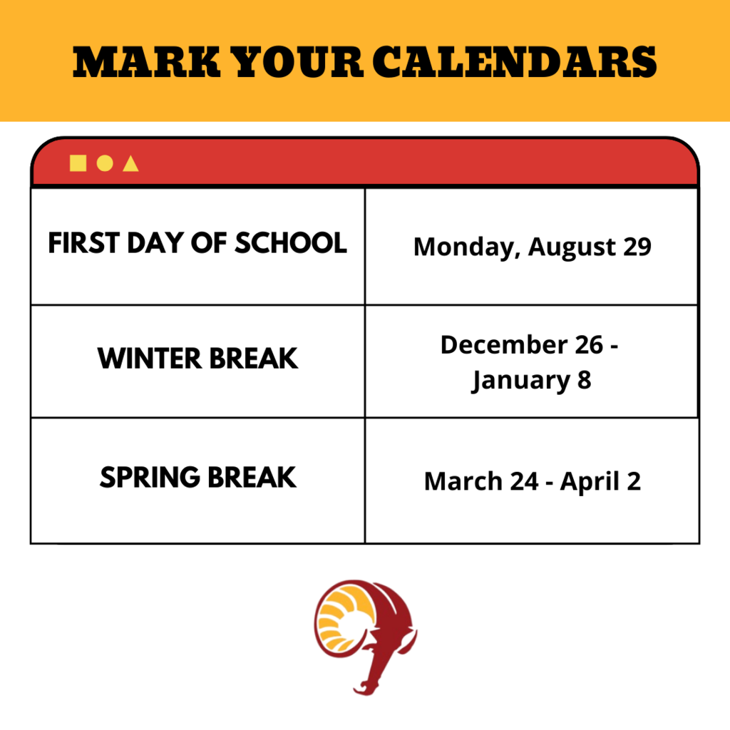 mark your calendars. first day of school monday august 29. winter break december 26 - january 8. spring break march 24 - april 2